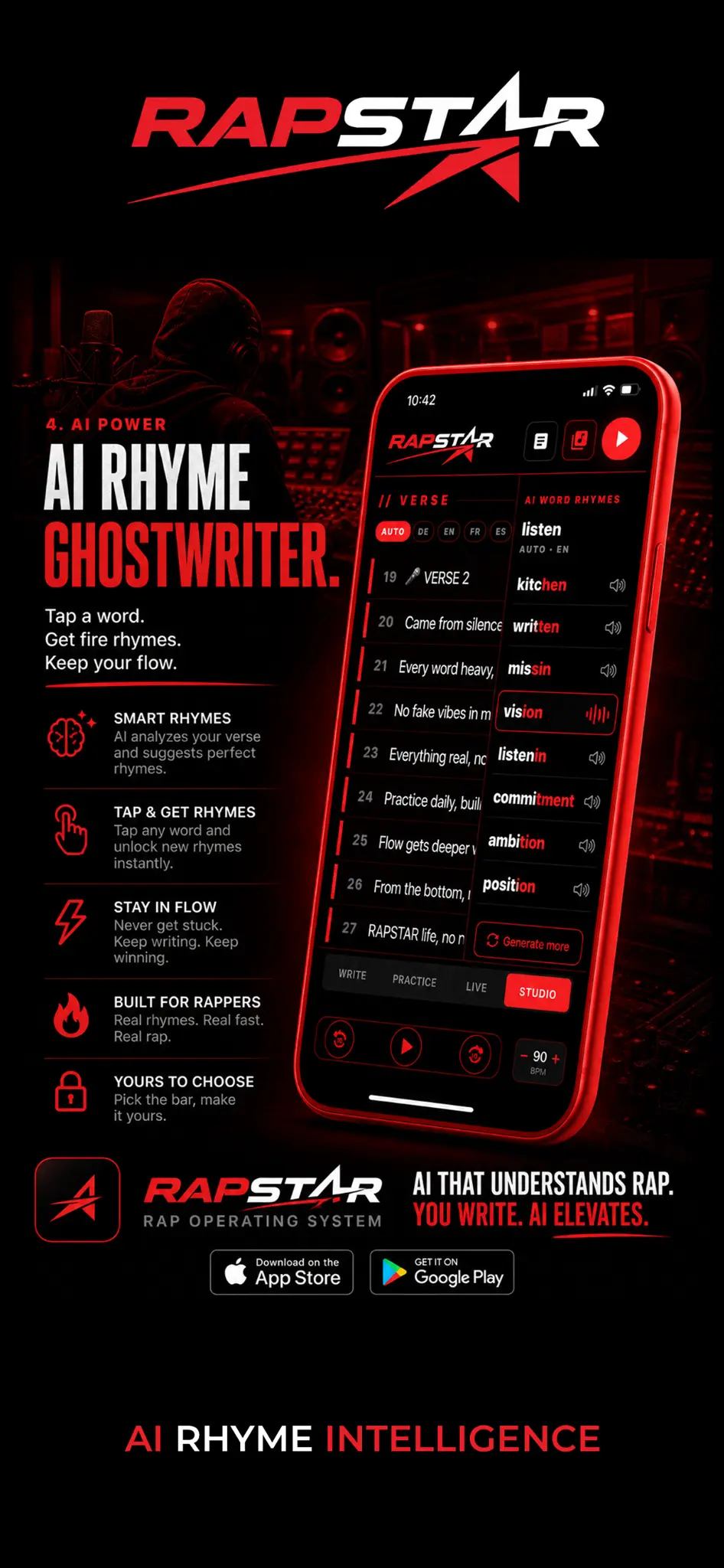 RAPSTAR styled app screen: AI Rhyme Intelligence