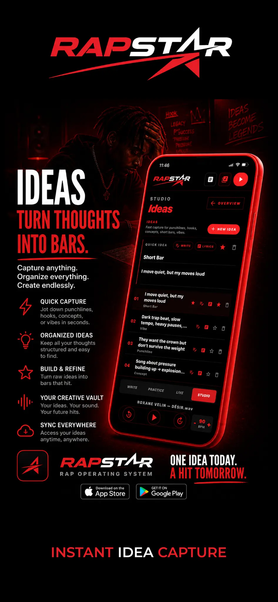 RAPSTAR styled app screen: Instant Idea Capture
