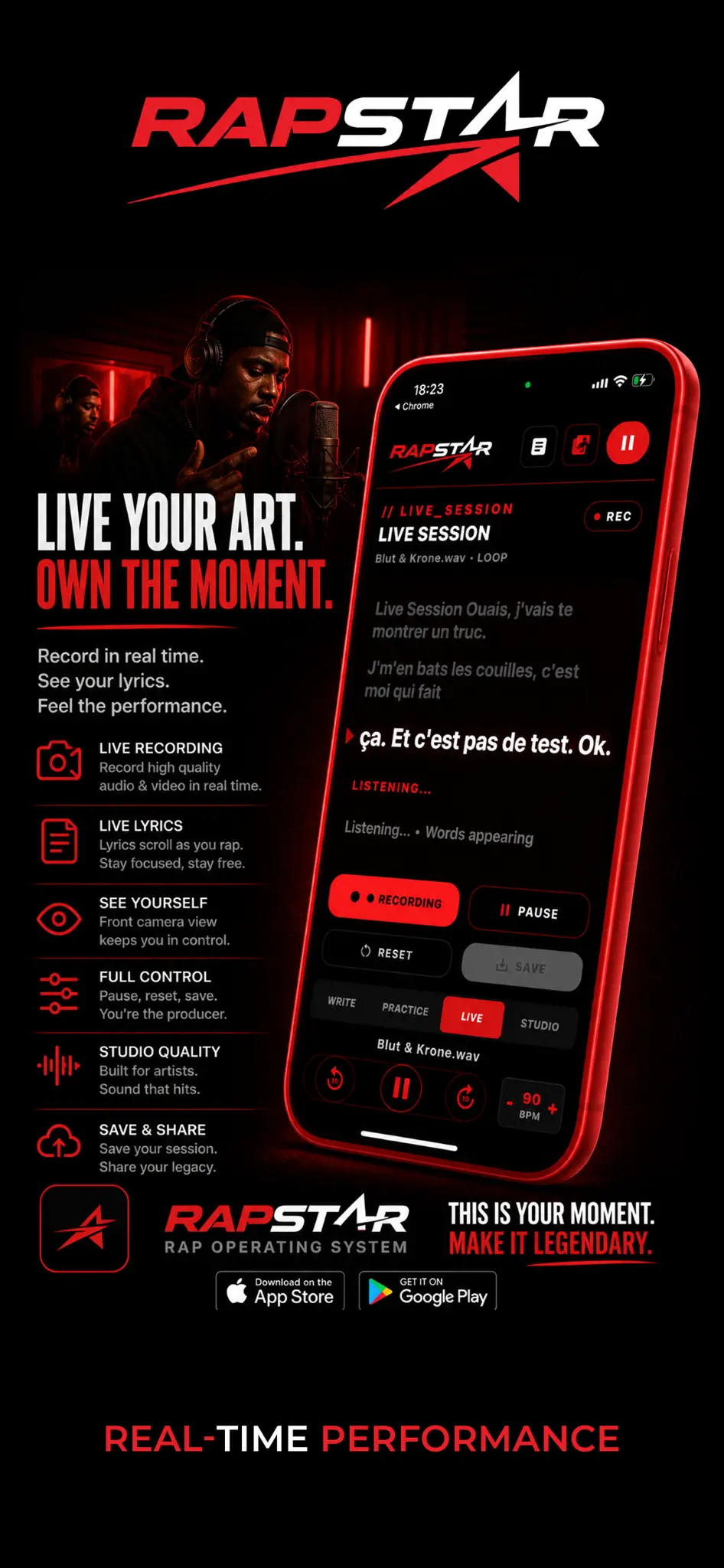 RAPSTAR styled app screen: Real-Time Performance